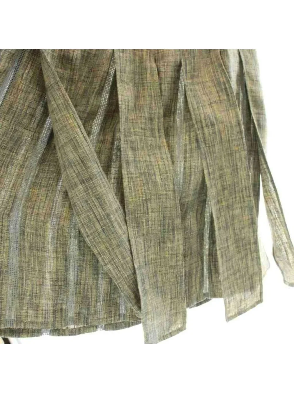 Chanel Skirt Knee-Length Linen Cotton Blend Pleated Beige Gray